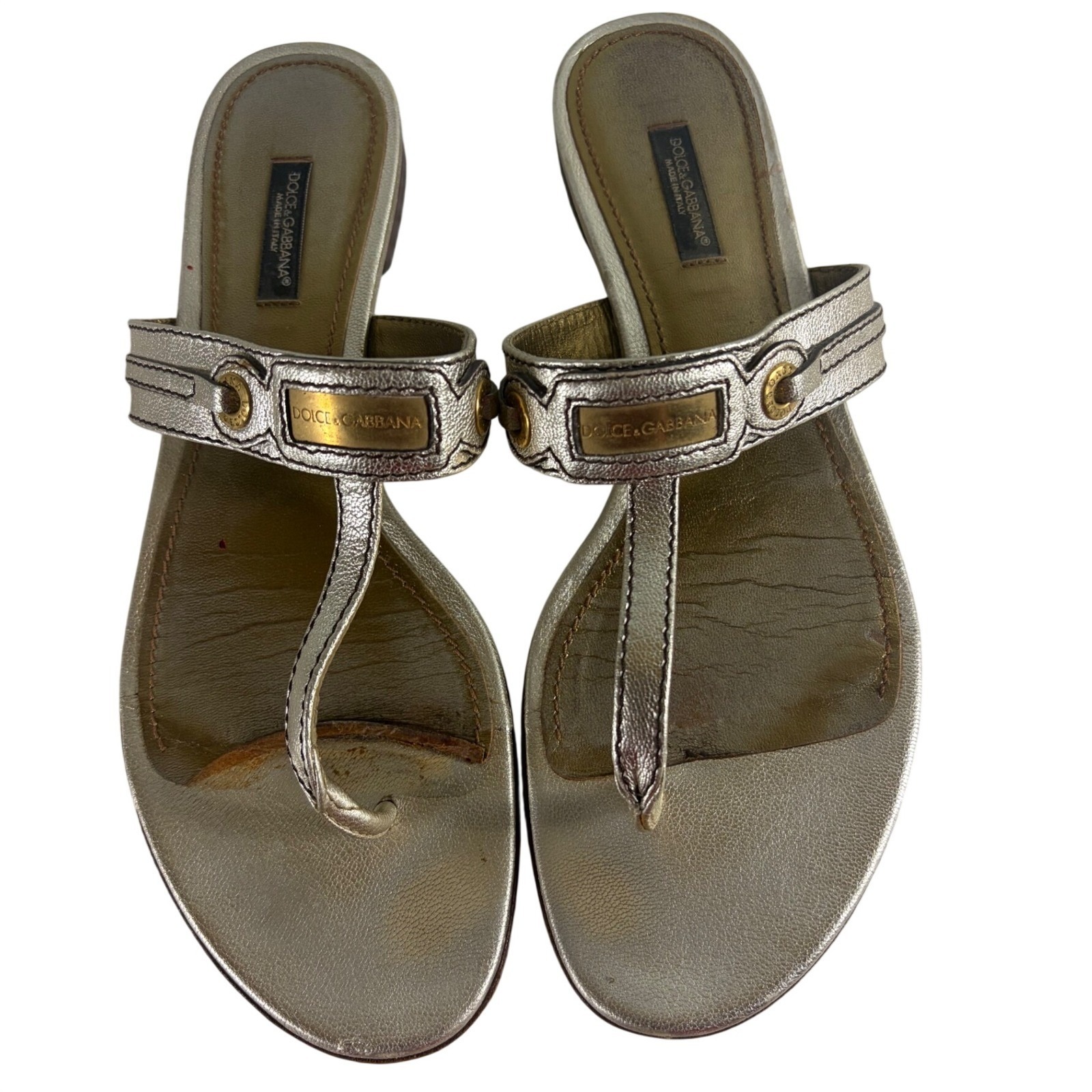 Dolce & Gabbana Womens Metallic Gold Leather Logo Thong Sandals Size 41 Italy